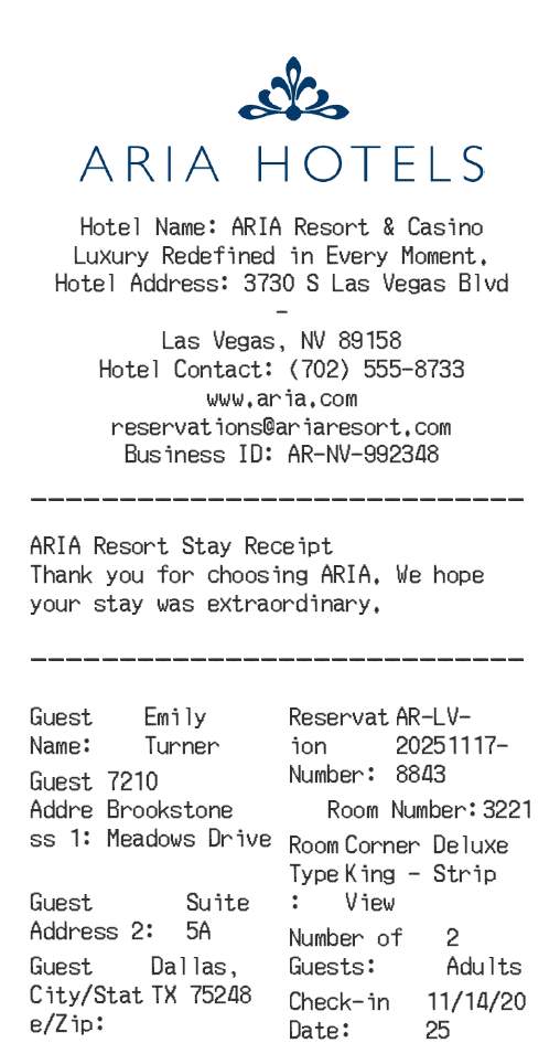 Aria Hotel Receipt Logo