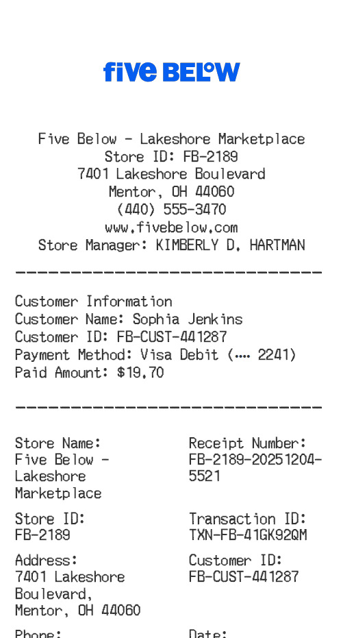 Five Below Receipt Logo