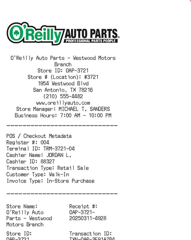 Oreilly's Receipt Logo