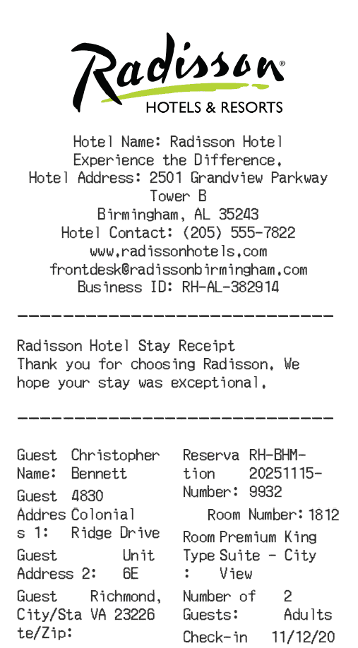 Radisson Hotel Receipt Logo