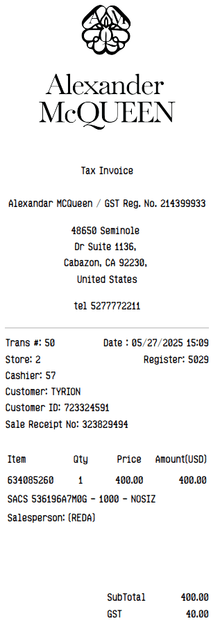 Alexander McQueen Receipt Logo