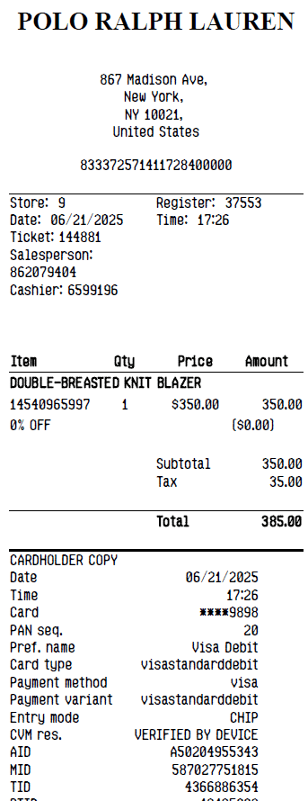 Polo Ralph Lauren Receipt Logo