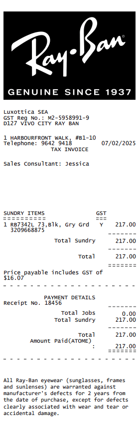 Ray Ban Receipt Logo