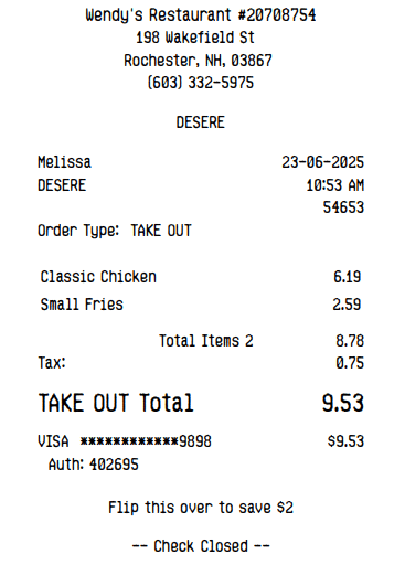 Wendy's Receipt Logo