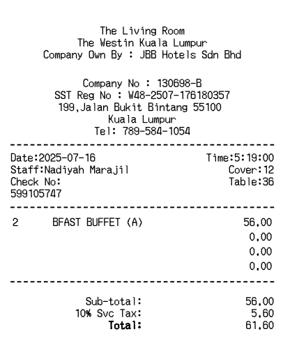 Westin Hotel Receipt Logo