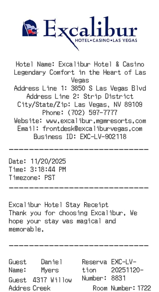 Excalibur Hotel Receipt Logo
