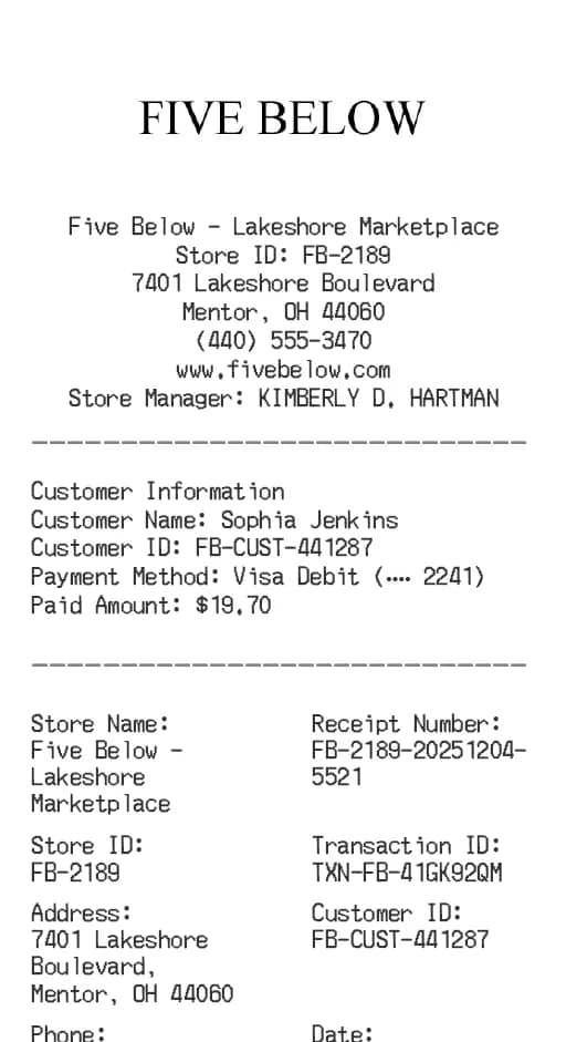 Five Below Receipt Logo