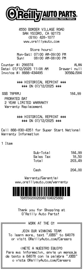 O'Reilly Auto Parts Receipt Logo