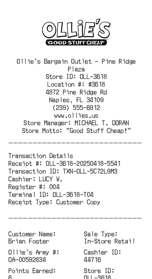 Ollie's Receipt Logo