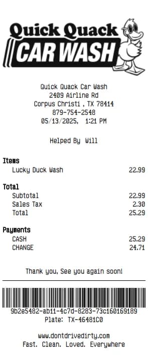 Quick Quack Car Wash receipt Logo