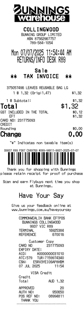 Bunnings Receipt Logo
