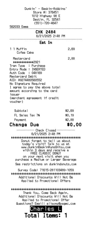 Dunkin Donuts Receipt Logo