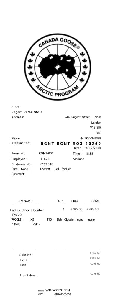 Canada Goose Sample Receipt Logo