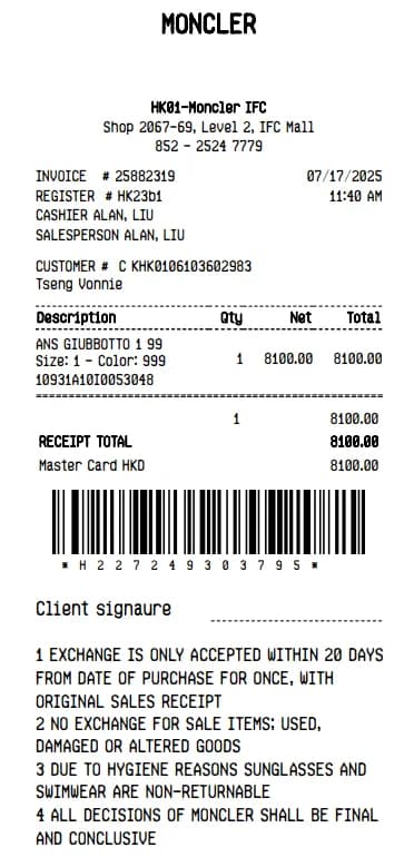 Moncler Receipt Logo