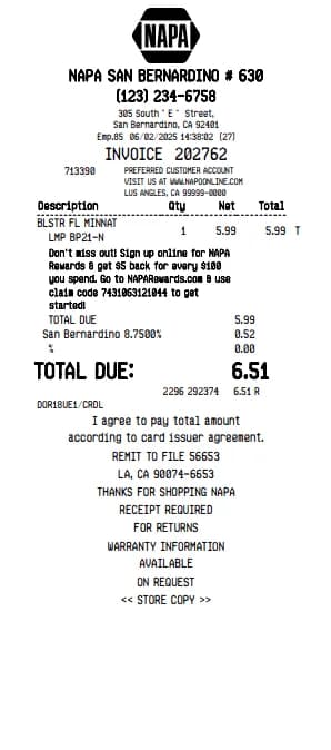 Napa Store Receipt Logo