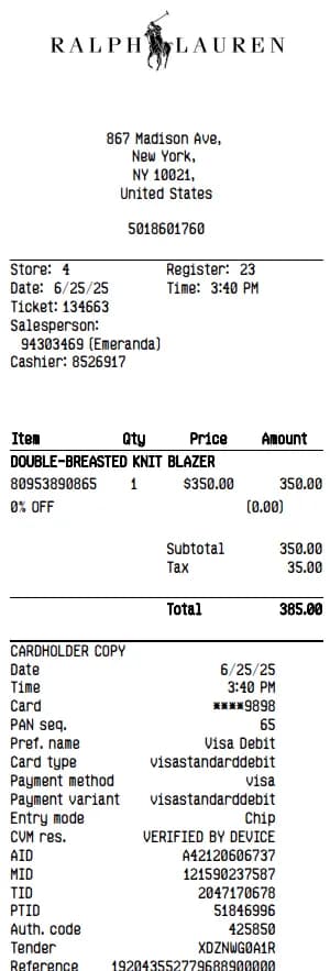 Ralph Lauren Receipt Logo
