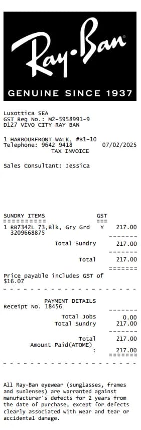 Ray Ban Receipt Logo