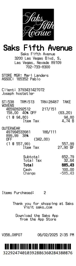 Saks Fifth Avenue Receipt Logo